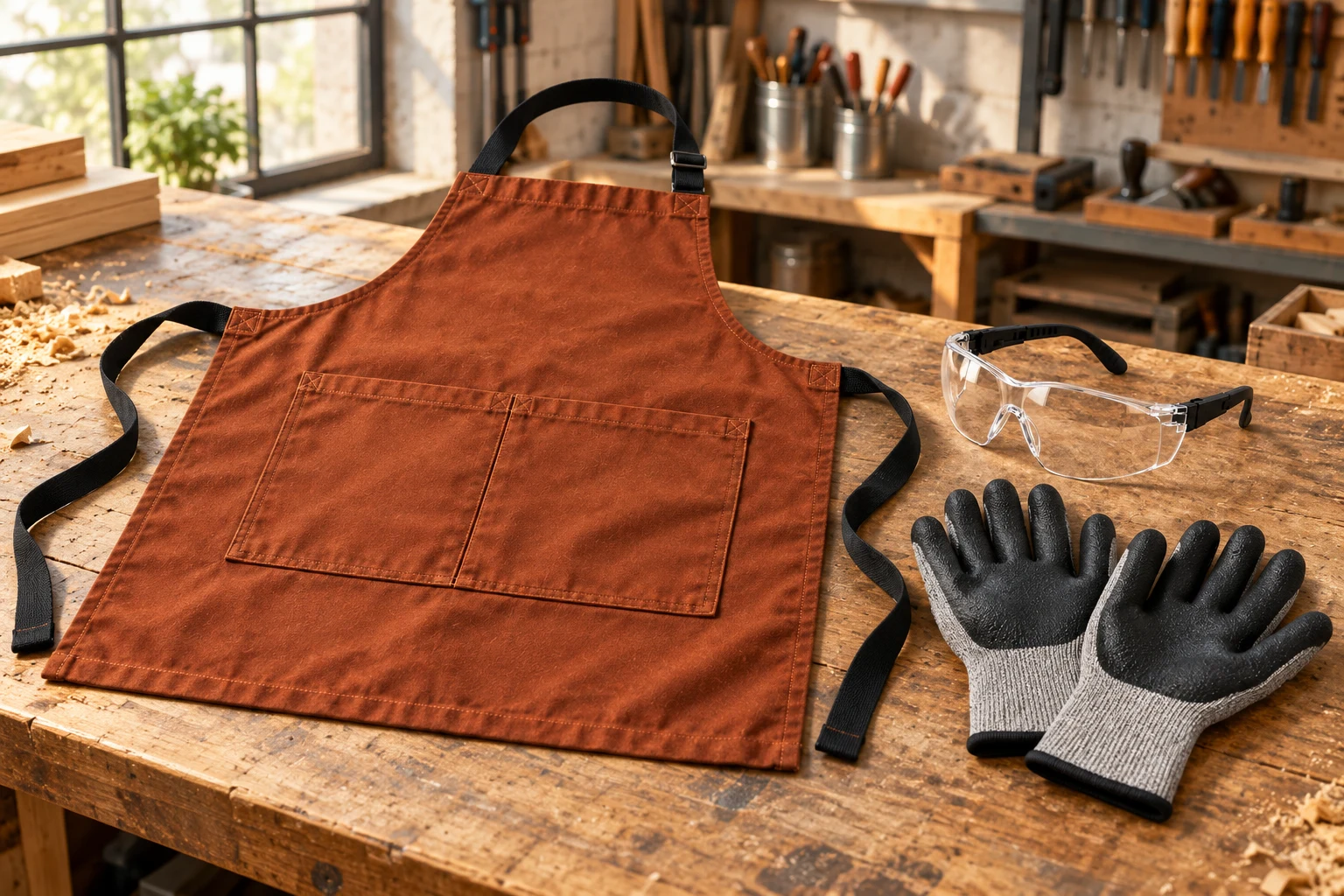 Gloves, a canvas apron and clear glasses on an orderly workshop bench